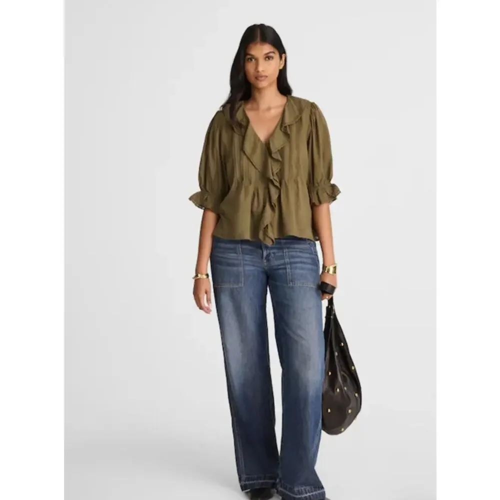 NWT Madewell Pintucked Ruffled Puff-Sleeve Top Green L